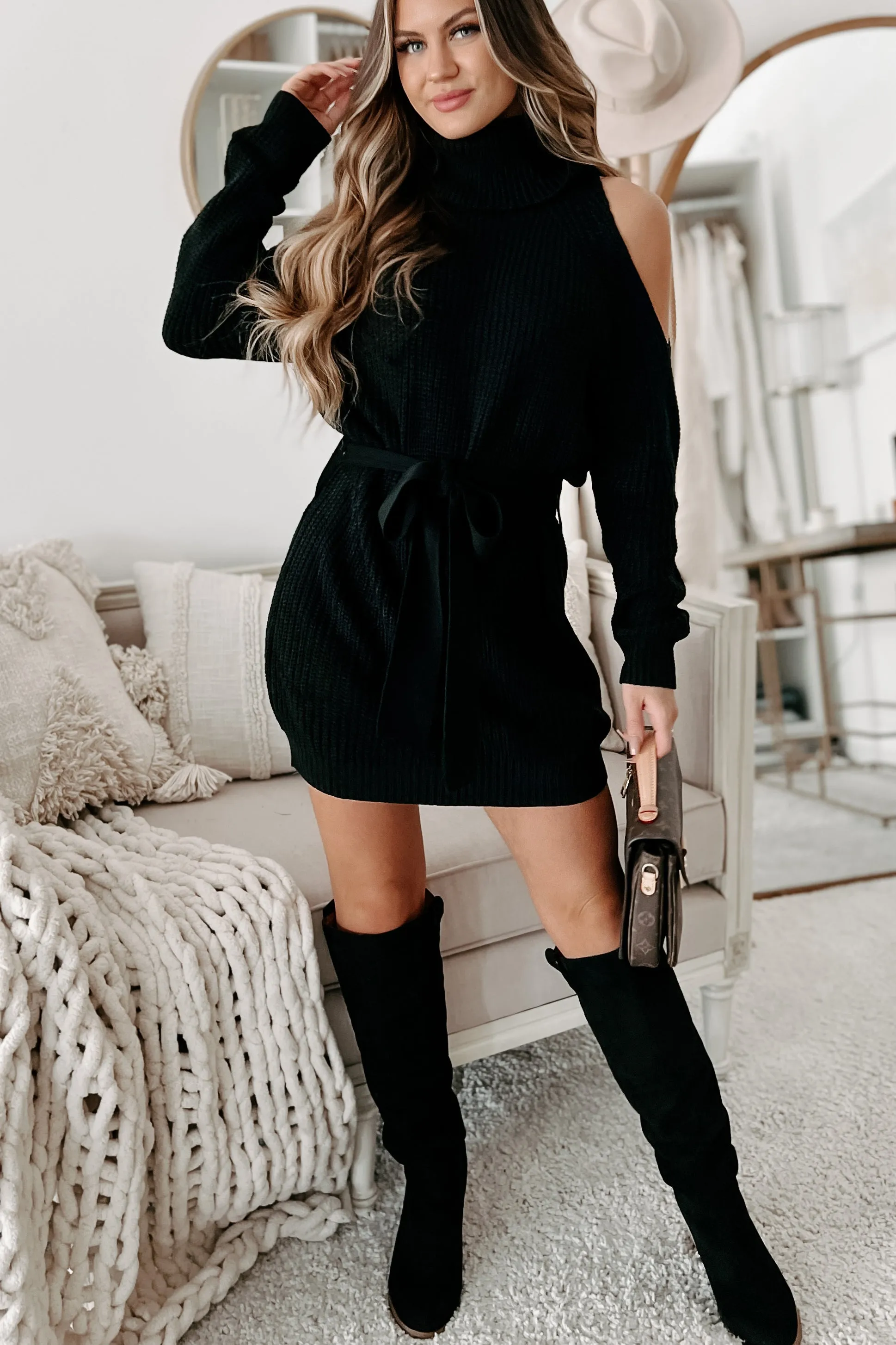 Taking Over My Time Cold Shoulder Sweater Dress (Black)