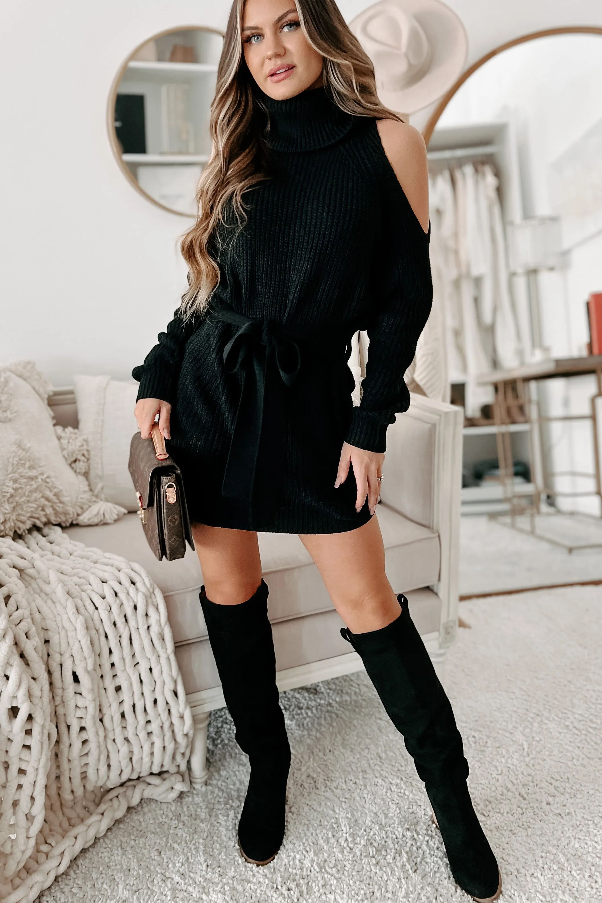 Taking Over My Time Cold Shoulder Sweater Dress (Black)