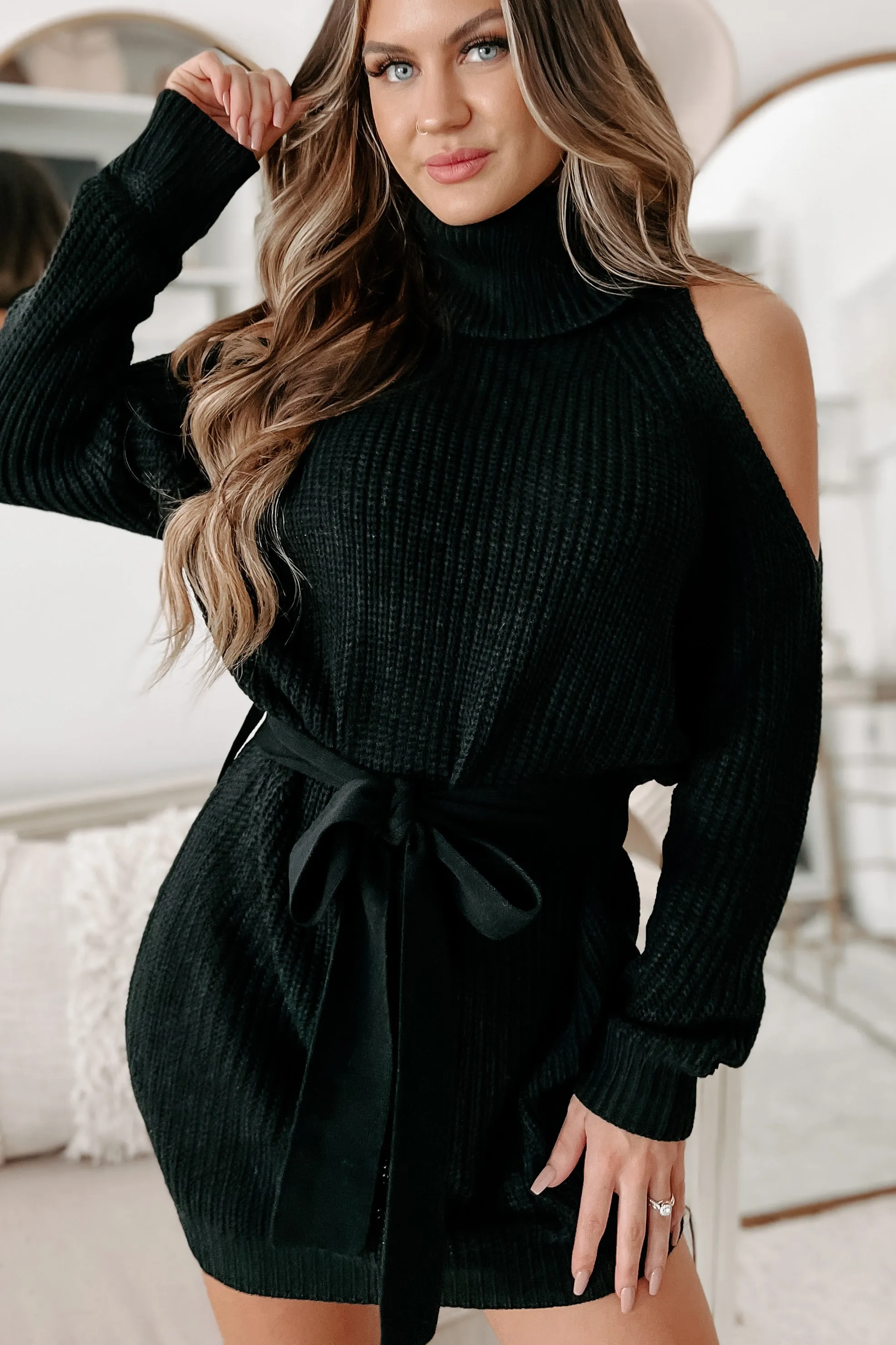 Taking Over My Time Cold Shoulder Sweater Dress (Black)