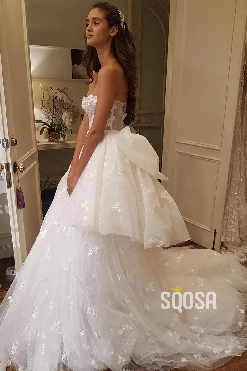 Unique Strapless Tulle Appliques A-line Wedding Dress QW2687