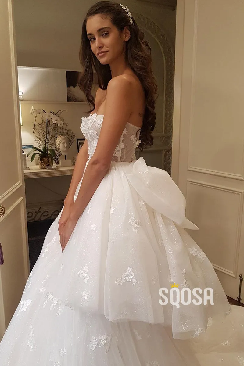 Unique Strapless Tulle Appliques A-line Wedding Dress QW2687