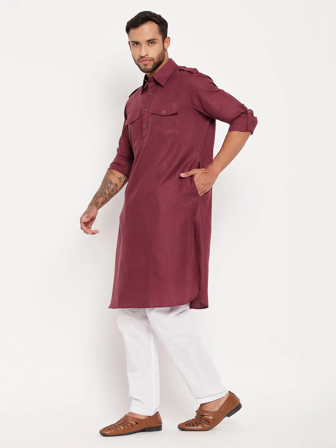 VM BY VASTRAMAY Men's Purple And White Cotton Blend Pathani Suit Set