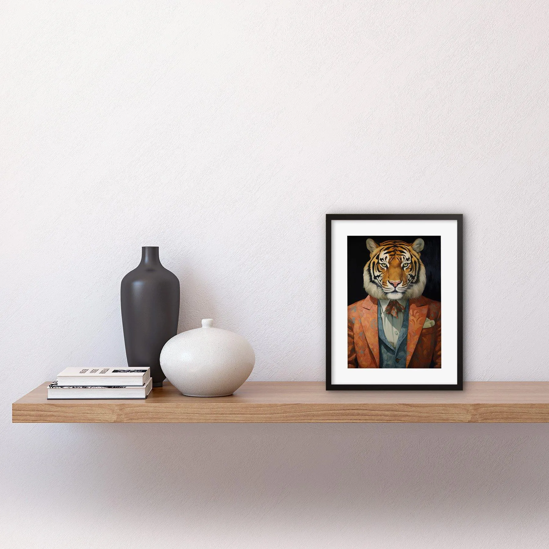 Wall Art & Pictures | Wall Art Print Tiger About Town Artwork Coral Pink and Cerulean Blue Suit Conceptual Portrait Artwork 