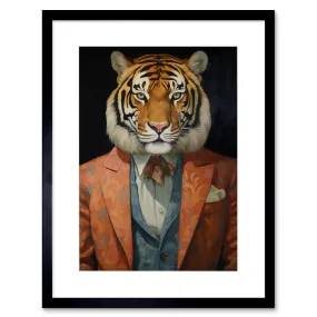 Wall Art & Pictures | Wall Art Print Tiger About Town Artwork Coral Pink and Cerulean Blue Suit Conceptual Portrait Artwork 