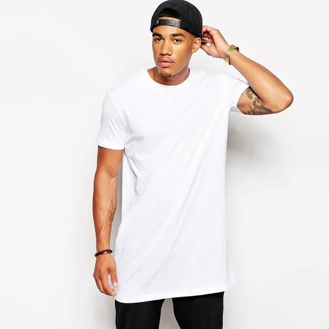 White Casual Long Size Men's Hip Hop Streetwear Longline T-Shirt