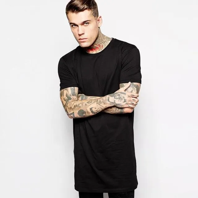 White Casual Long Size Men's Hip Hop Streetwear Longline T-Shirt