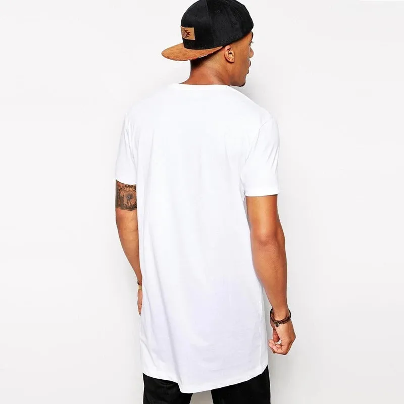 White Casual Long Size Men's Hip Hop Streetwear Longline T-Shirt