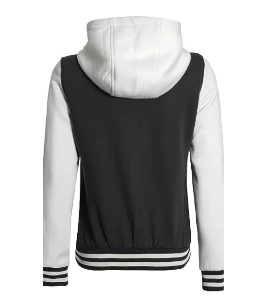 Women's Black and White Hooded Varsity Jacket - Baseball Style