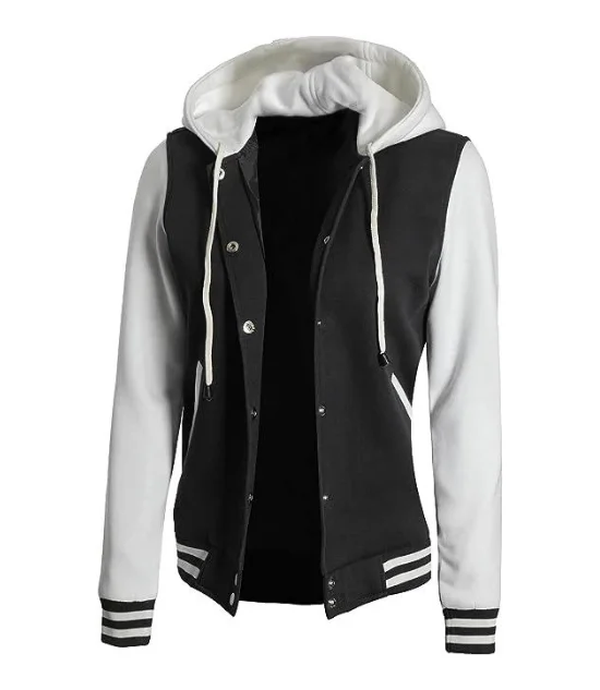 Women's Black and White Hooded Varsity Jacket - Baseball Style