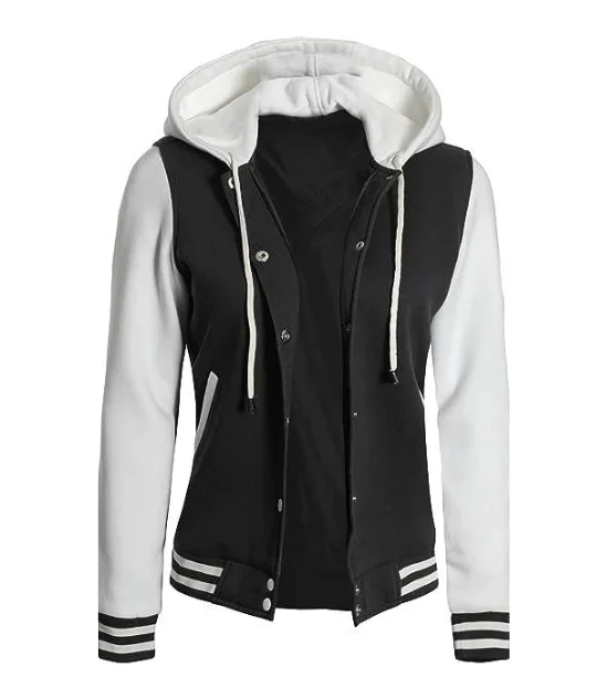 Women's Black and White Hooded Varsity Jacket - Baseball Style