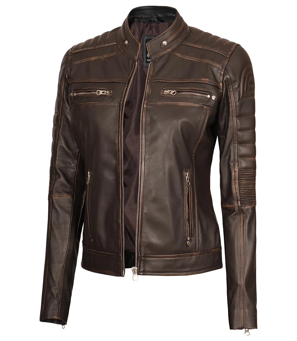 Women's Distressed Brown Cafe Racer Biker Jacket