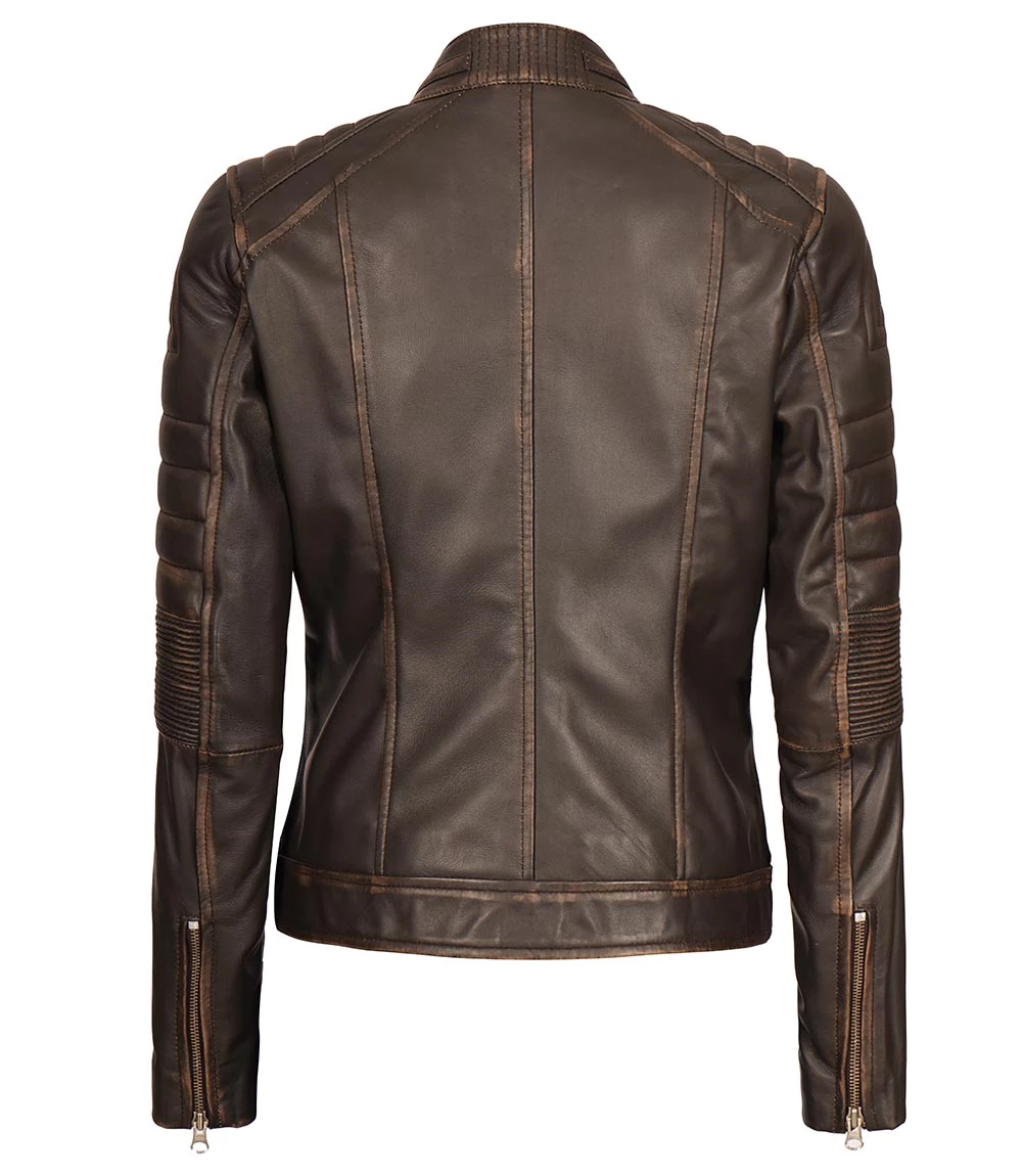 Women's Distressed Brown Cafe Racer Biker Jacket