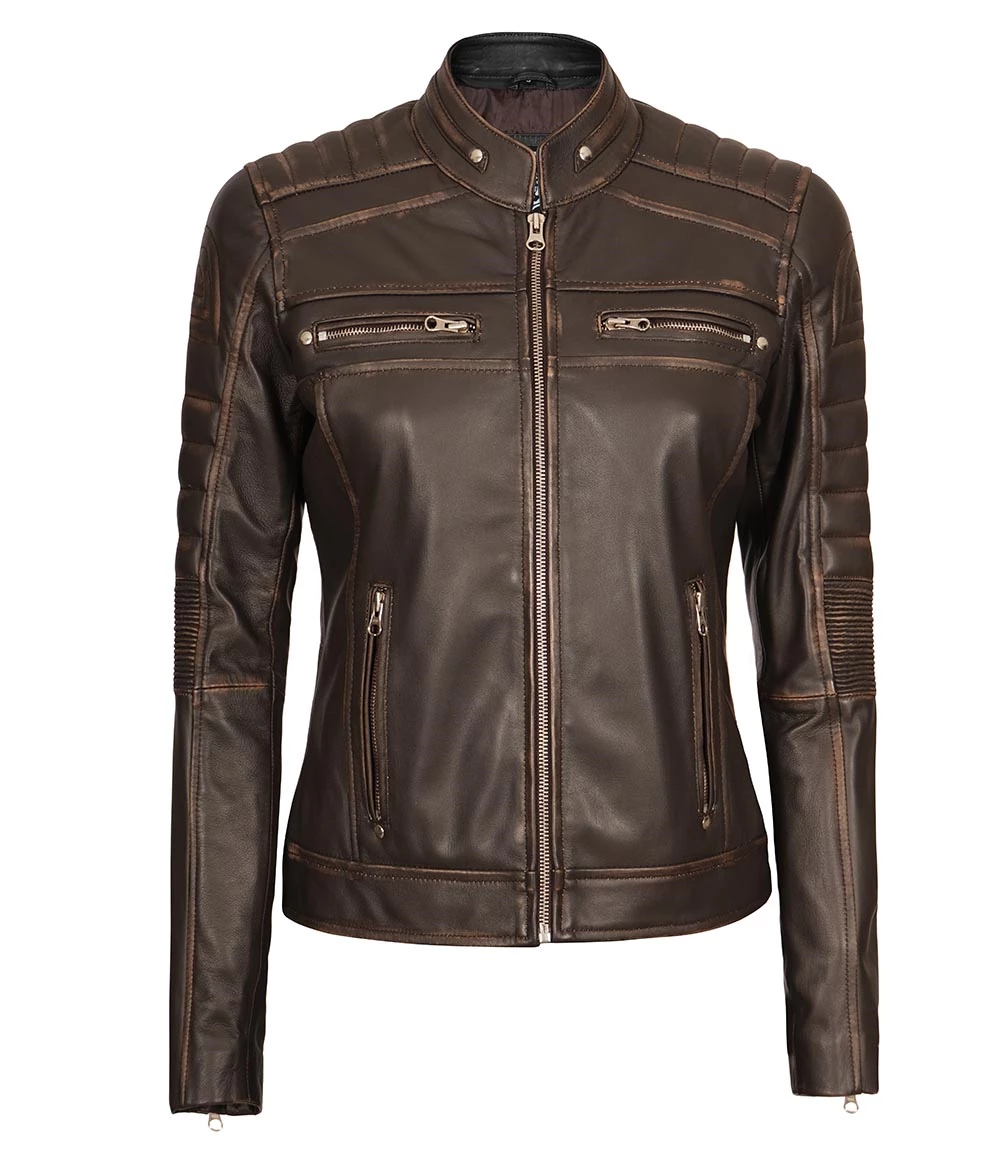 Women's Distressed Brown Cafe Racer Biker Jacket