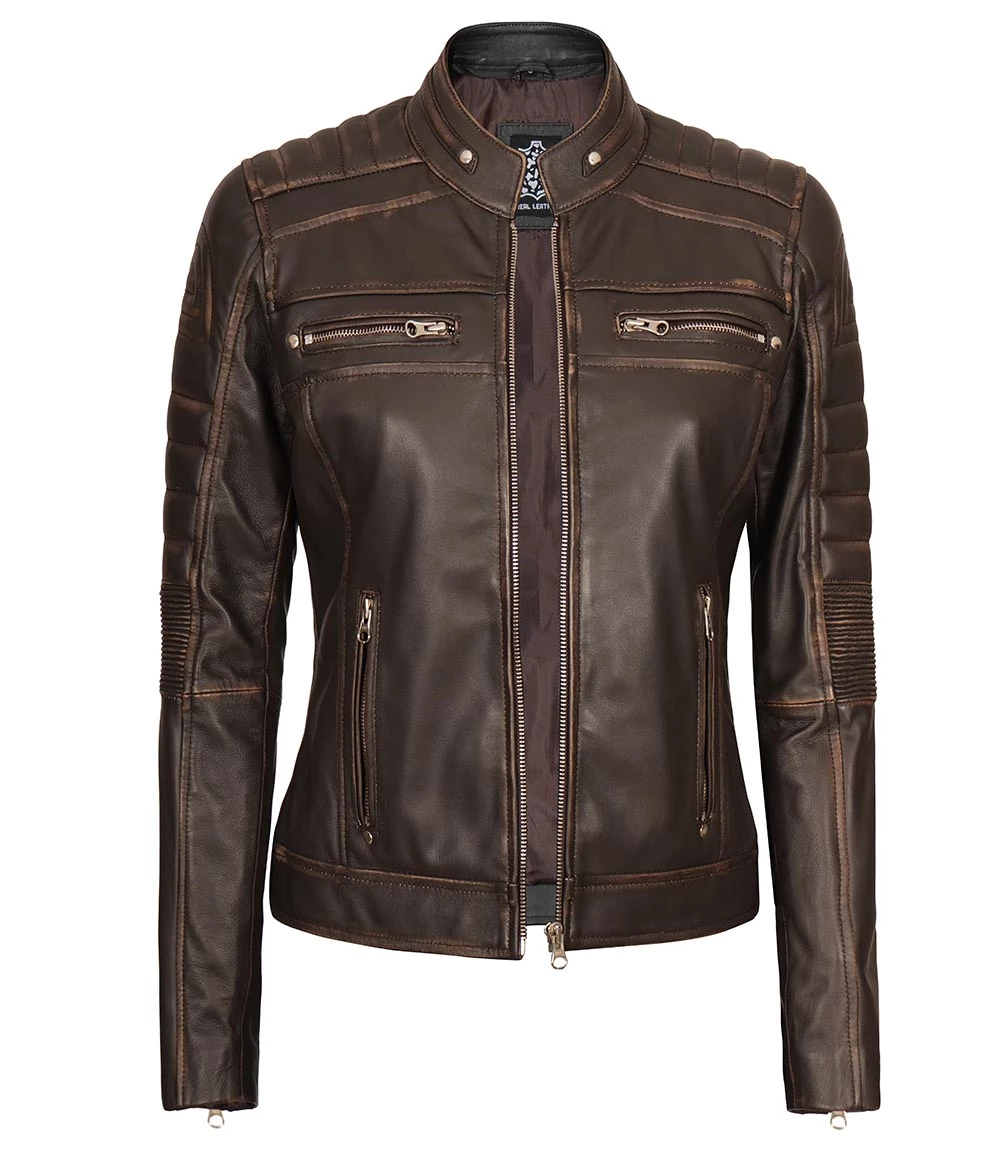 Women's Distressed Brown Cafe Racer Biker Jacket