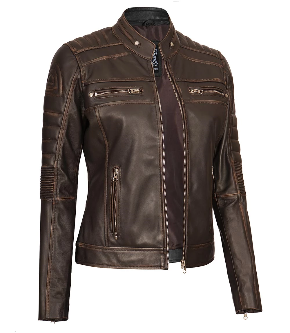 Women's Distressed Brown Cafe Racer Biker Jacket