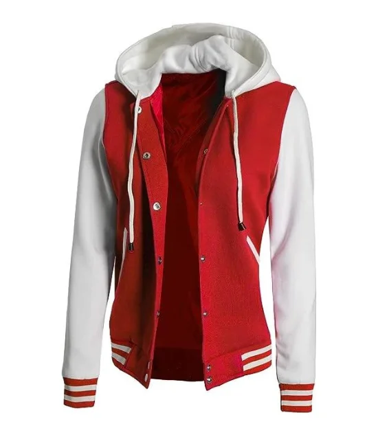 Women's Letterman Red and White Varsity Jacket With Hood