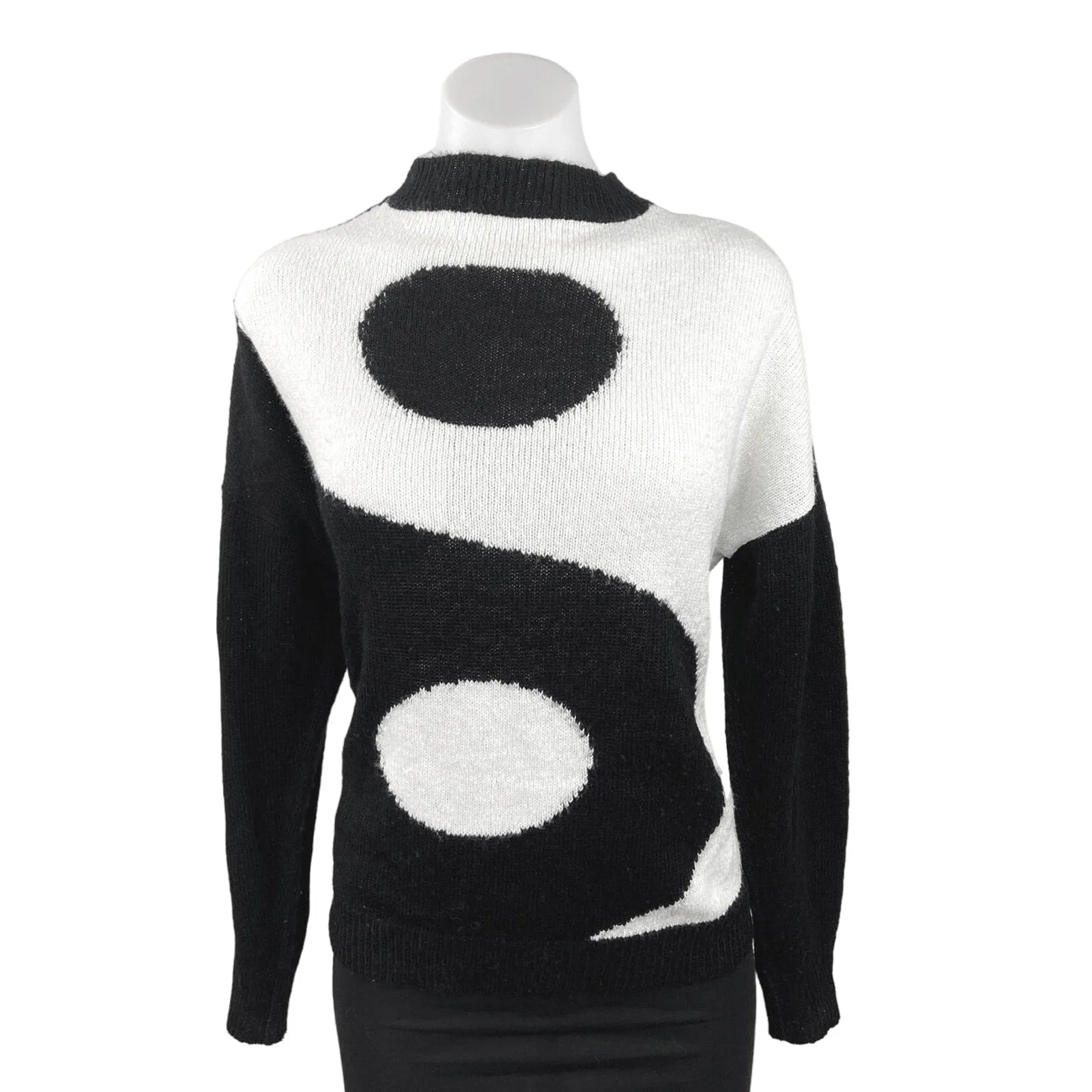 Womens Black & White Yin Yang Print Long Sleeve Mock Neck Pullover Sweater Sz XS