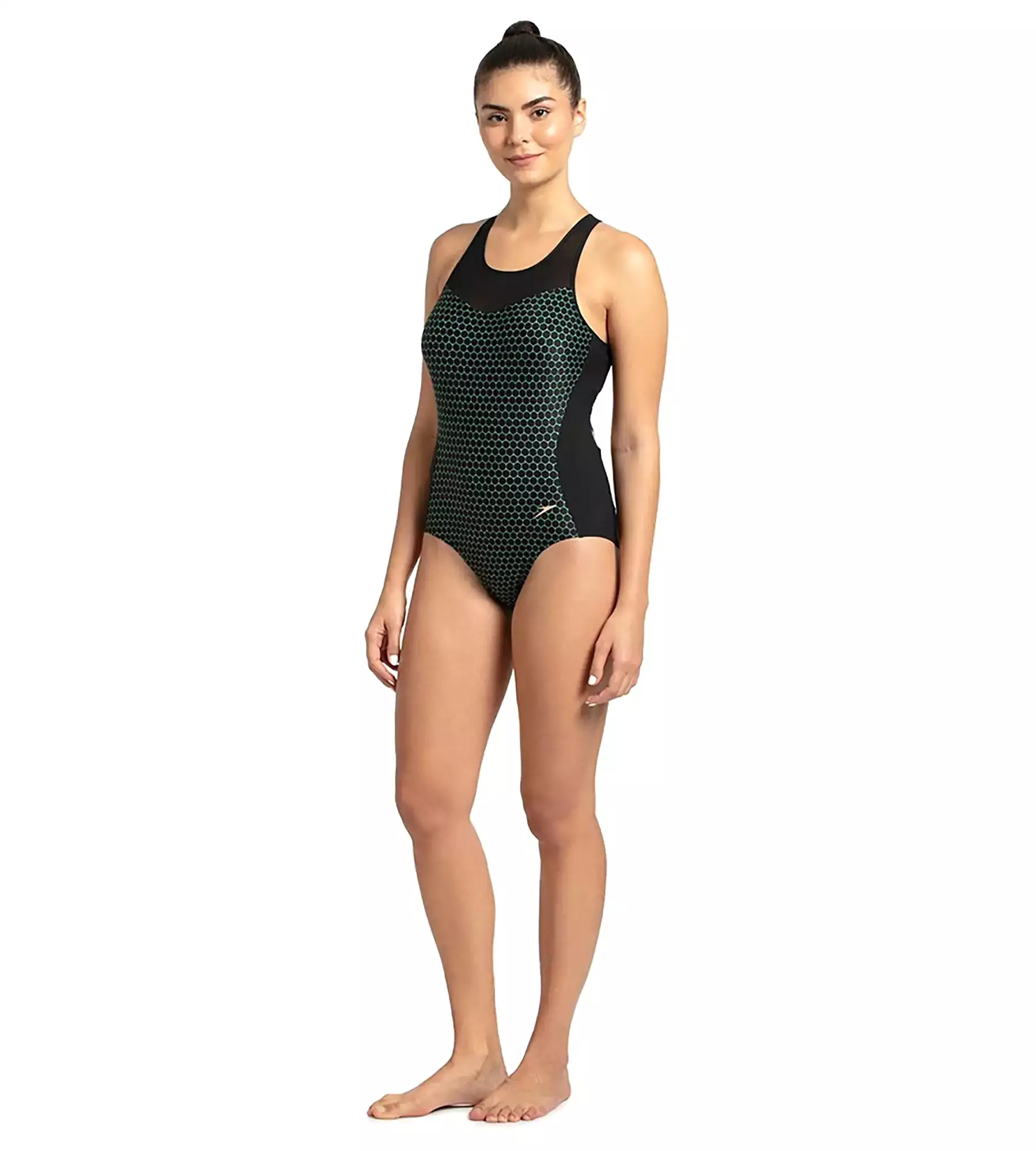 Women's Mesh Panel One Piece Swimwear - Black & Greenglow