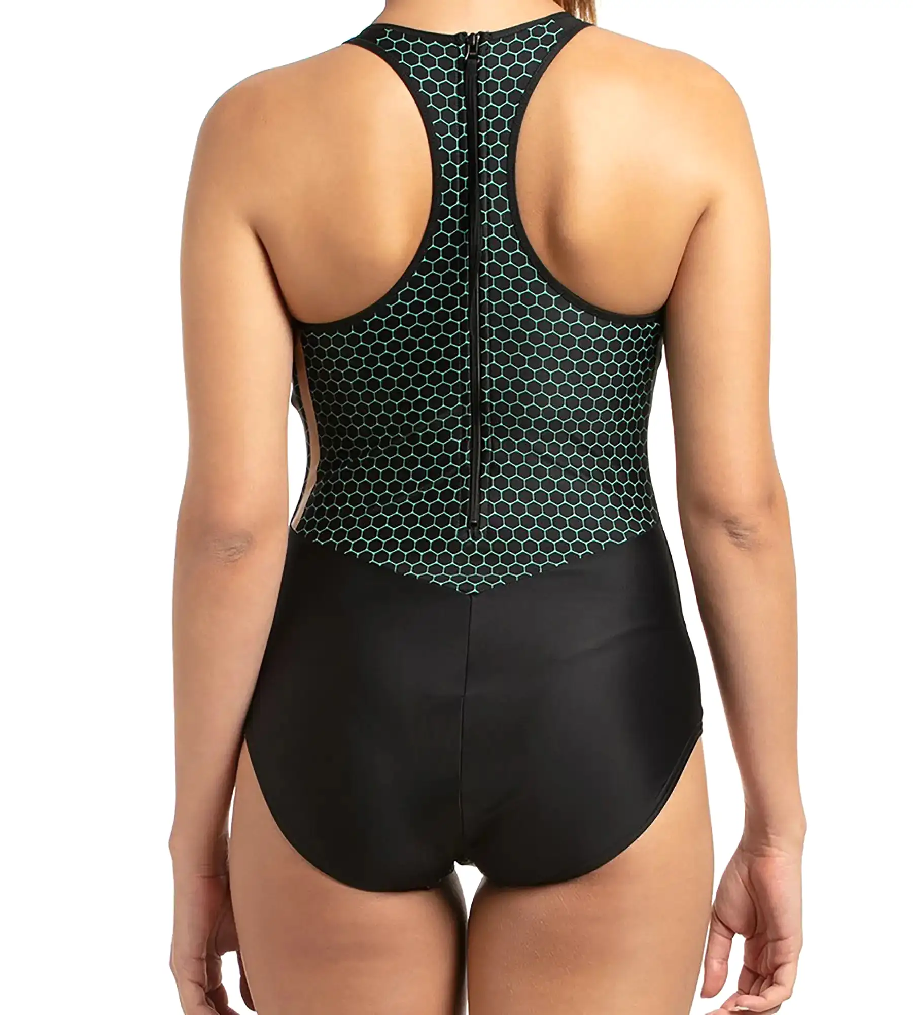 Women's Mesh Panel One Piece Swimwear - Black & Greenglow