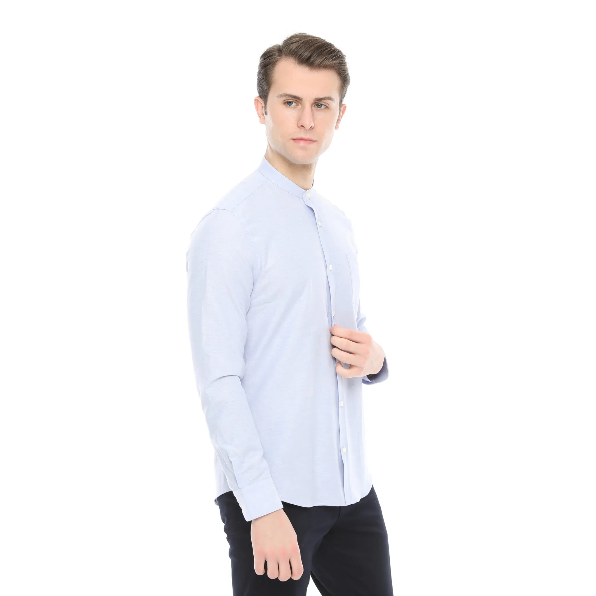 Xact Mens Grandad Collar Nehru Oxford Shirt 'Gustus' Long Sleeved - Slim Fit