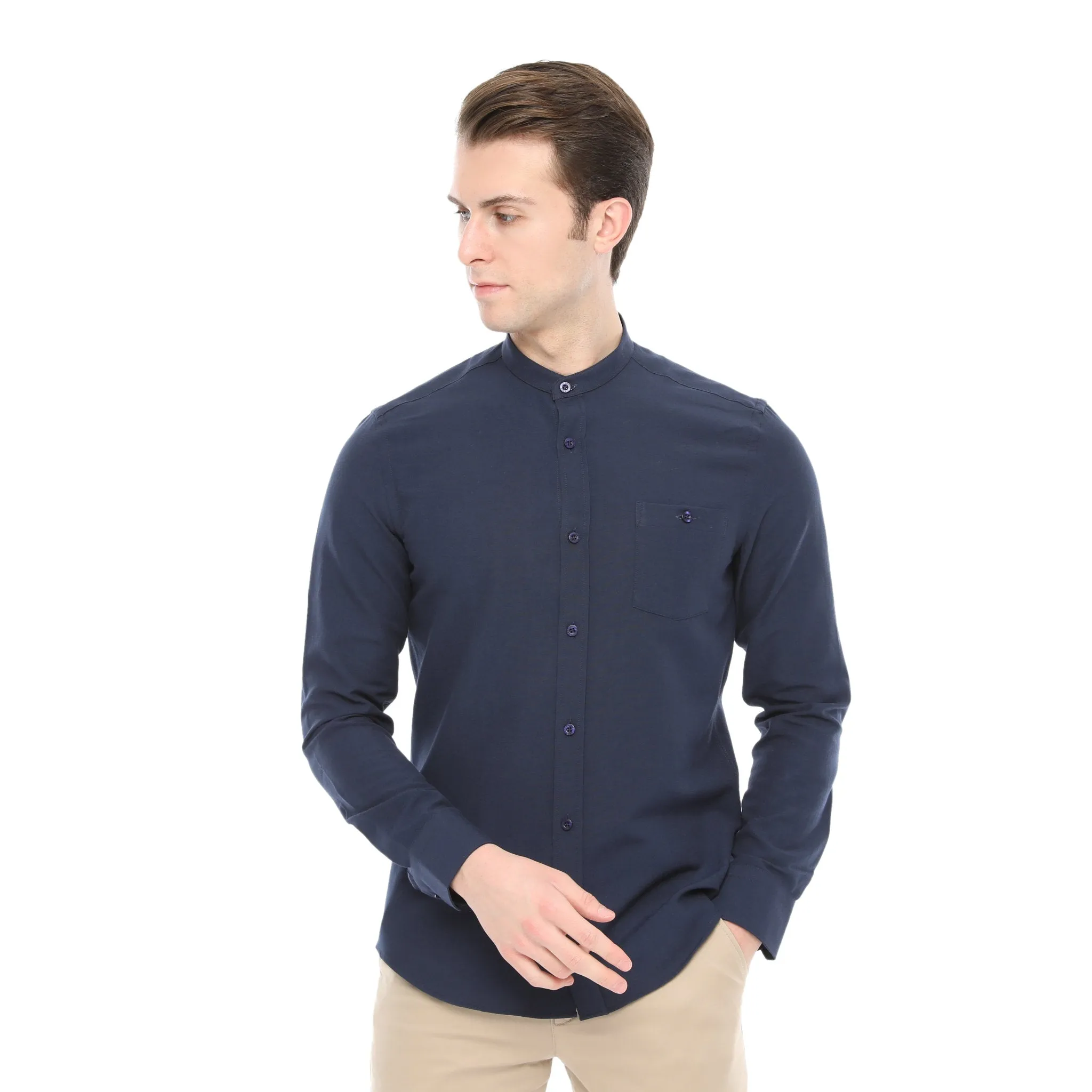 Xact Mens Grandad Collar Nehru Oxford Shirt 'Gustus' Long Sleeved - Slim Fit